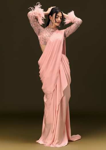 Baby Pink Ready To Wear Satin Saree With High Neck Full Sleeve Blouse