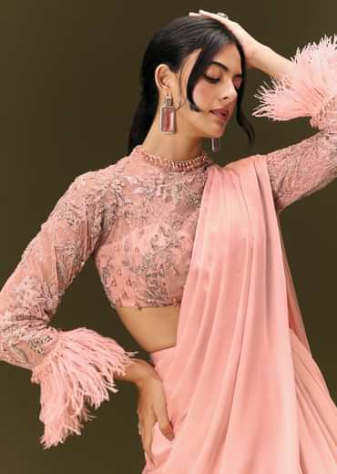 Baby Pink Ready To Wear Satin Saree With High Neck Full Sleeve Blouse