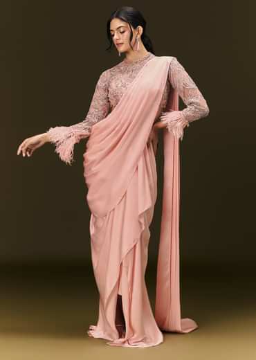 Baby Pink Ready To Wear Satin Saree With High Neck Full Sleeve Blouse