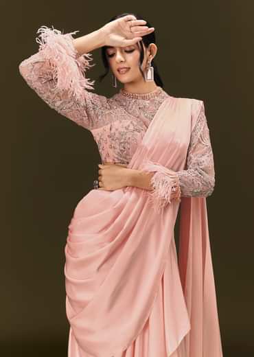 Baby Pink Ready To Wear Satin Saree With High Neck Full Sleeve Blouse