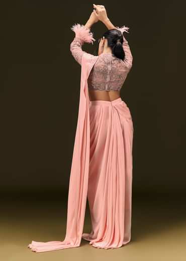 Baby Pink Ready To Wear Satin Saree With High Neck Full Sleeve Blouse