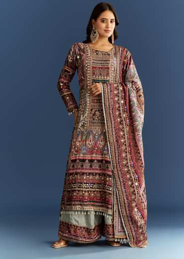 Multicolor Tabby Silk Printed Kurta Dupatta Suit With Patch Stone Zari Work