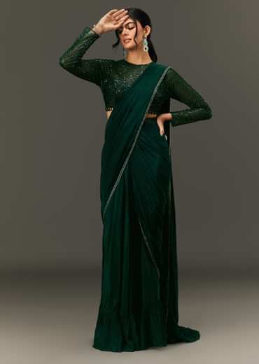 Bottle Green Pre Pleated Saree With Embroidered High Neck Full Sleeve Blouse