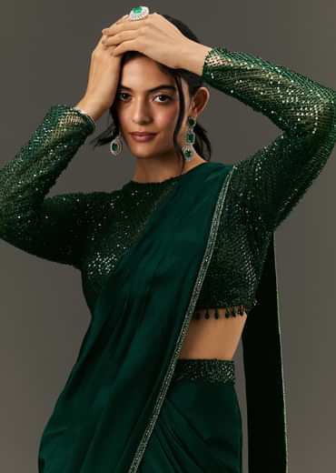 Bottle Green Pre Pleated Saree With Embroidered High Neck Full Sleeve Blouse