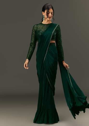 Bottle Green Pre Pleated Saree With Embroidered High Neck Full Sleeve Blouse