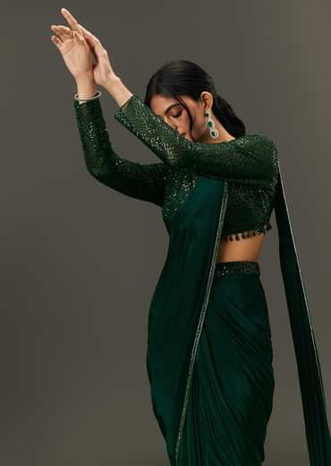 Bottle Green Pre Pleated Saree With Embroidered High Neck Full Sleeve Blouse