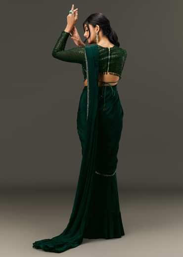 Bottle Green Pre Pleated Saree With Embroidered High Neck Full Sleeve Blouse