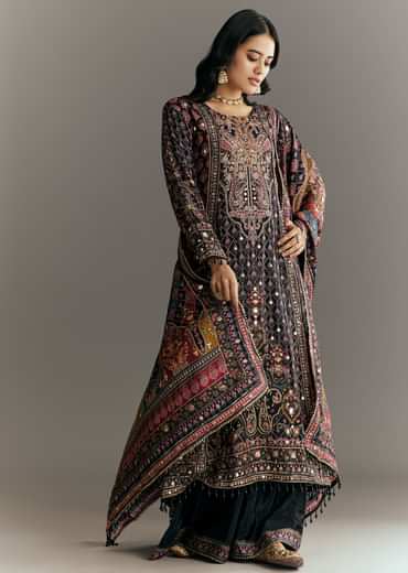 Black Tabby Silk Zari Embroidered Kurta Palazzo With Printed Dupatta