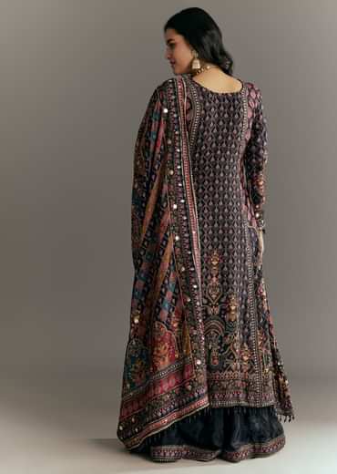 Black Tabby Silk Zari Embroidered Kurta Palazzo With Printed Dupatta