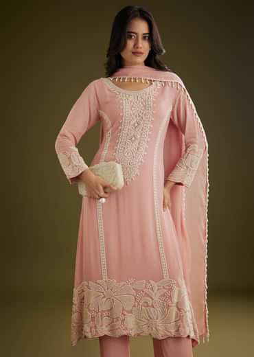 Pink Georgette Moti Work Asymmetrical Kurta Set With Tassels Bordered Dupatta