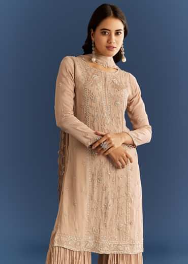 Beige Chinon Kurta Sharara Set With Cut Dana Sequins Work