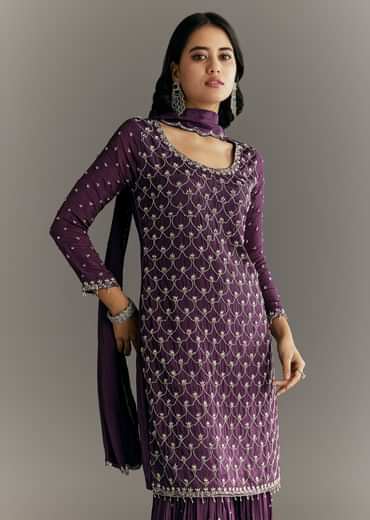 Dark Purple Chinon Sequin Work Kurta Sharara With Dupatta