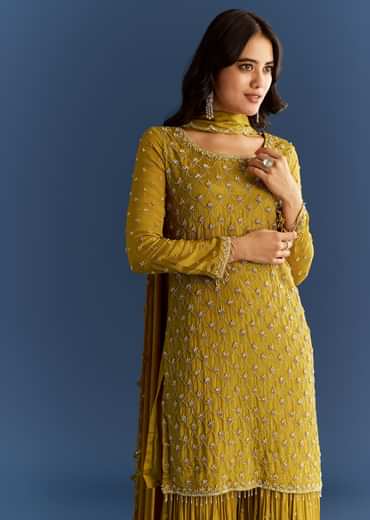 Mustard Yellow Chinon Kurta With Sharara And Dupatta