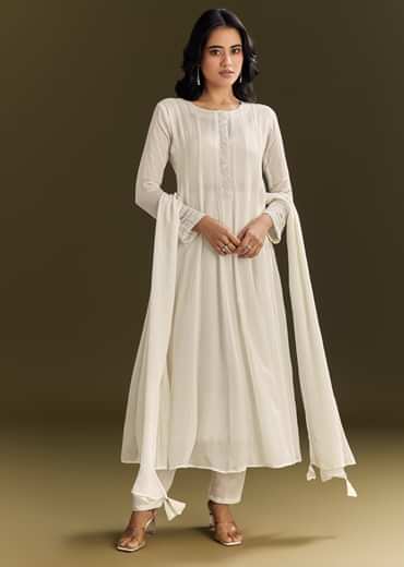 White Chinon Beaded Sequin Anarkali Suit With Dupatta