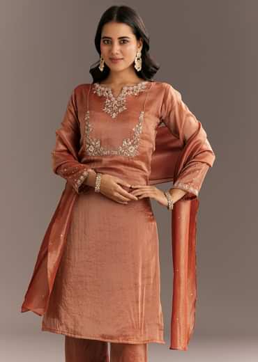 Dark Peach Organza Tissue Kurta Pant With Embroidered Dupatta