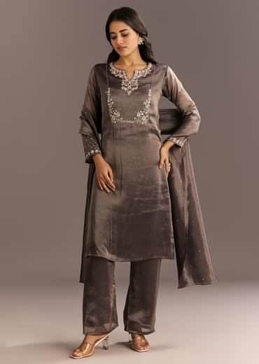 Dark Purple Organza Tissue Embroidered Kurta Pant With Embroidered Dupatta