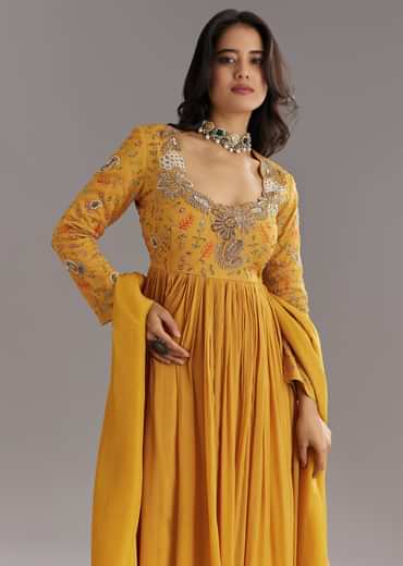 Mustard Chinon Anarkali Set With Moti Zari and Cut Dana Embroidery
