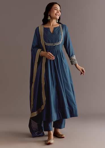 Blue Chanderi Anarkali Dupatta Suit With Gotta And Moti Detail