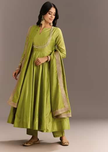 Light Green Chanderi Anarkali With Gotta Moti Neckline And Lace Dupatta