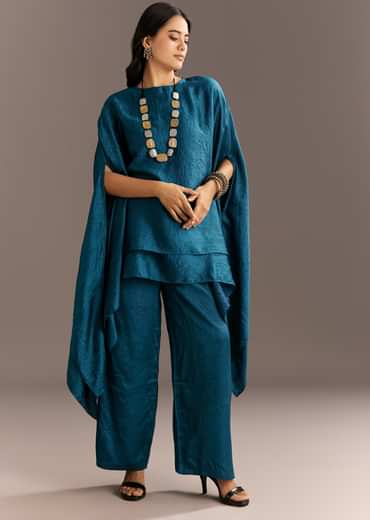 Teal Blue Crush Silk Kaftaan Set Styled With Stone Neckpiece