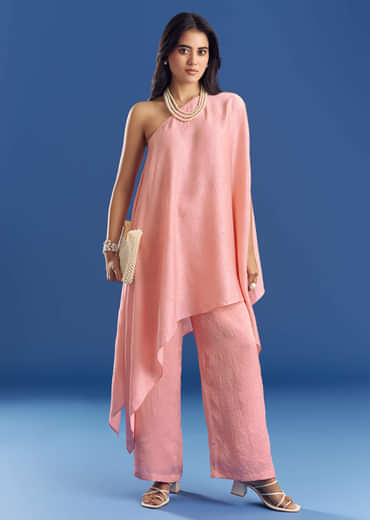 Pink Crush Silk One Shoulder Kurta With Pearl Neckpiece