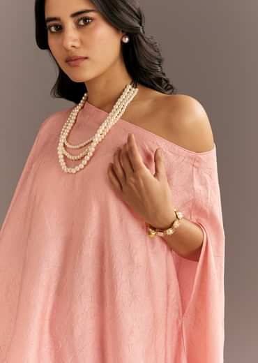 Pink Crush Silk One Shoulder Kurta With Pearl Neckpiece