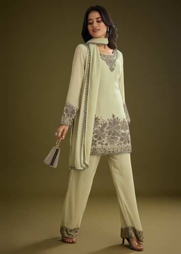 Mint Green Georgette Beads Kurta Set With Tassels Bordered Dupatta