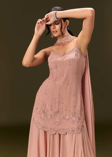 Dusty Pink Chinon Embroidered Kurti With Flared Pant And Choker Dupatta