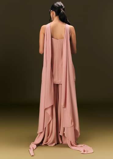 Dusty Pink Chinon Embroidered Kurti With Flared Pant And Choker Dupatta