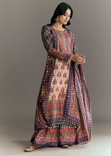Cream Blue Tabby Silk Printed Kurta Palazzo With Dupatta