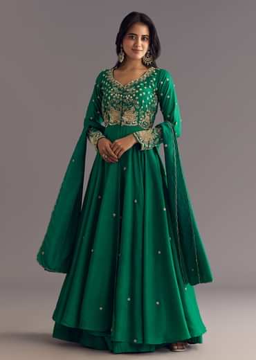 Green Russian Silk Front Slit Kurta Dupatta Set With Beaded Embroidery