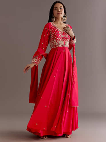 Red Russian Silk Front Slit Cutdana Beaded Kurta Set With Dupatta