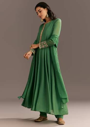 Green Chinon Kurta With Zardosi Moti Work On Neckline And Sleeves