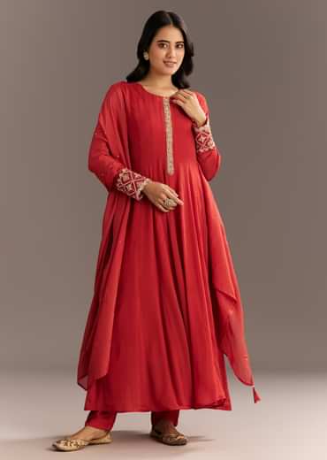 Orange Chinon Zardosi Moti Work Anarkali Dupatta Set