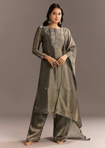Dark Grey Tissue Kurta Pant Set With Butti Dupatta
