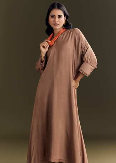 Light Brown Solid Kurta Pant Set With Orange Beaded Neckpiece