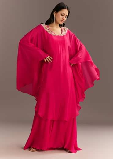 Pink Chinon Cape Style Kurta Palazzo With Zardosi Neckline