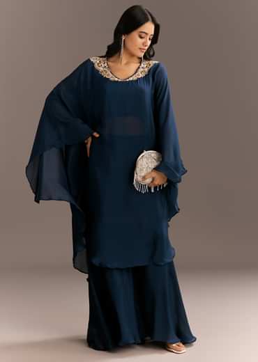 Navy Blue Chinon Cape Style Kurta With Zardosi Neckline