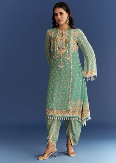 Light Aqua Green Crepe Printed Kurta Dhoti With Embroidery