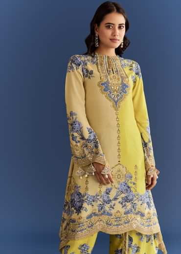 Light Lime Green Cotton Muslin Kurta With Floral Print Dhoti