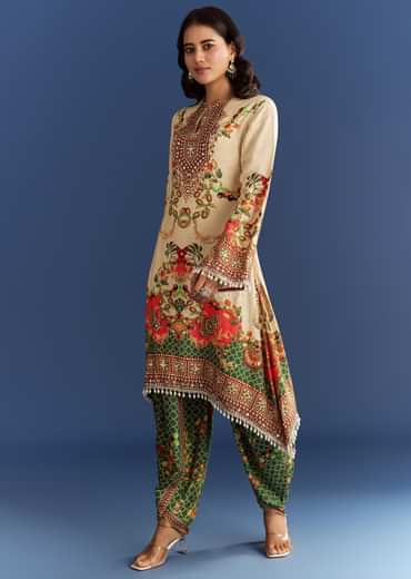 Cream Cotton Muslin Printed Asymmetrical Kurta Dhoti