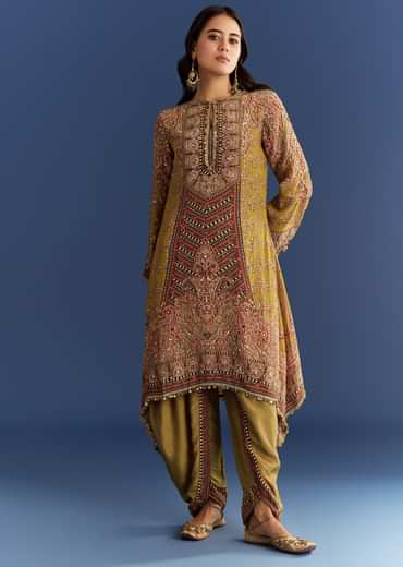 Mehendi Green Crepe Asymmetrical Printed Kurta With Striped Printed Dhoti