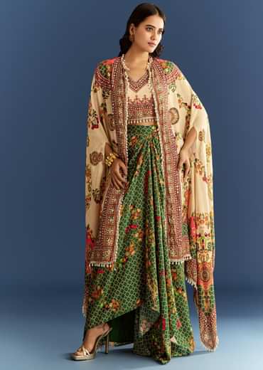 Cream And Green Cotton Muslin Printed Croptop With Printed Skirt And Cape