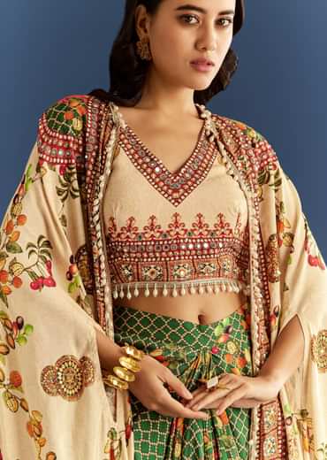 Cream And Green Cotton Muslin Printed Croptop With Printed Skirt And Cape