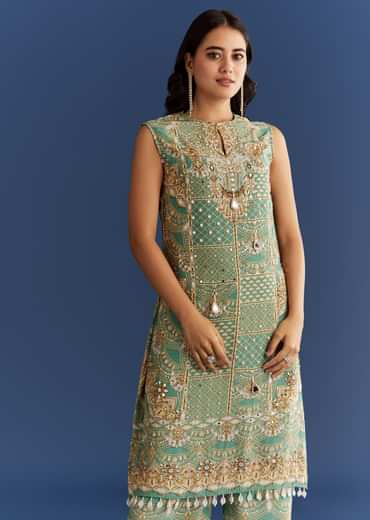 Light Aqua Green Crepe Printed Kurta Pant With Shell Tassels