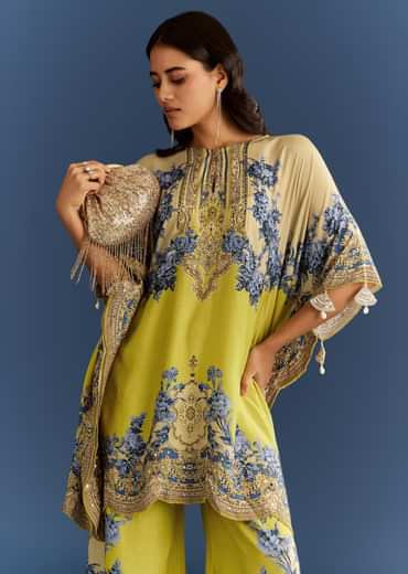 Light Lime Green Cotton Muslin Kaftaan With Floral Print Palazzo