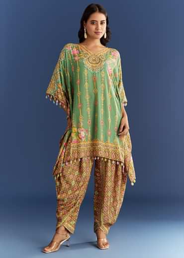 Light Aqua Green Cotton Muslin Kaftaan With Printed Dhoti