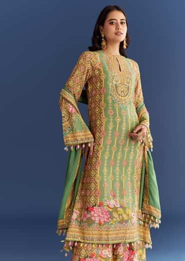 Light Aqua Green Cotton Muslin Kurta Dupatta With Printed Palazzo