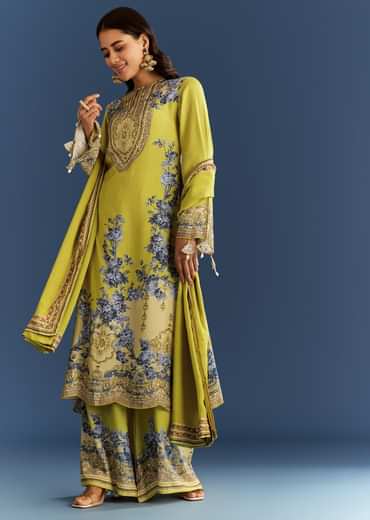 Light Lime Green Cotton Muslin Kurta Palazzo Suit With Chinon Dupatta