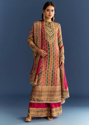 Pink Tissue Kurta With Organza Palazzo And Dupatta